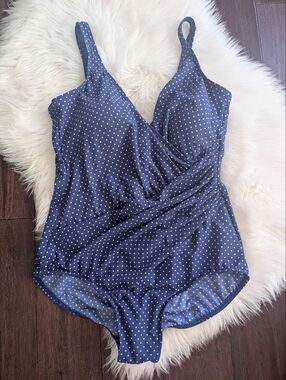 Miraclesuit Navy with White Polka Dot One-Piece Swimsuit Estimated XL